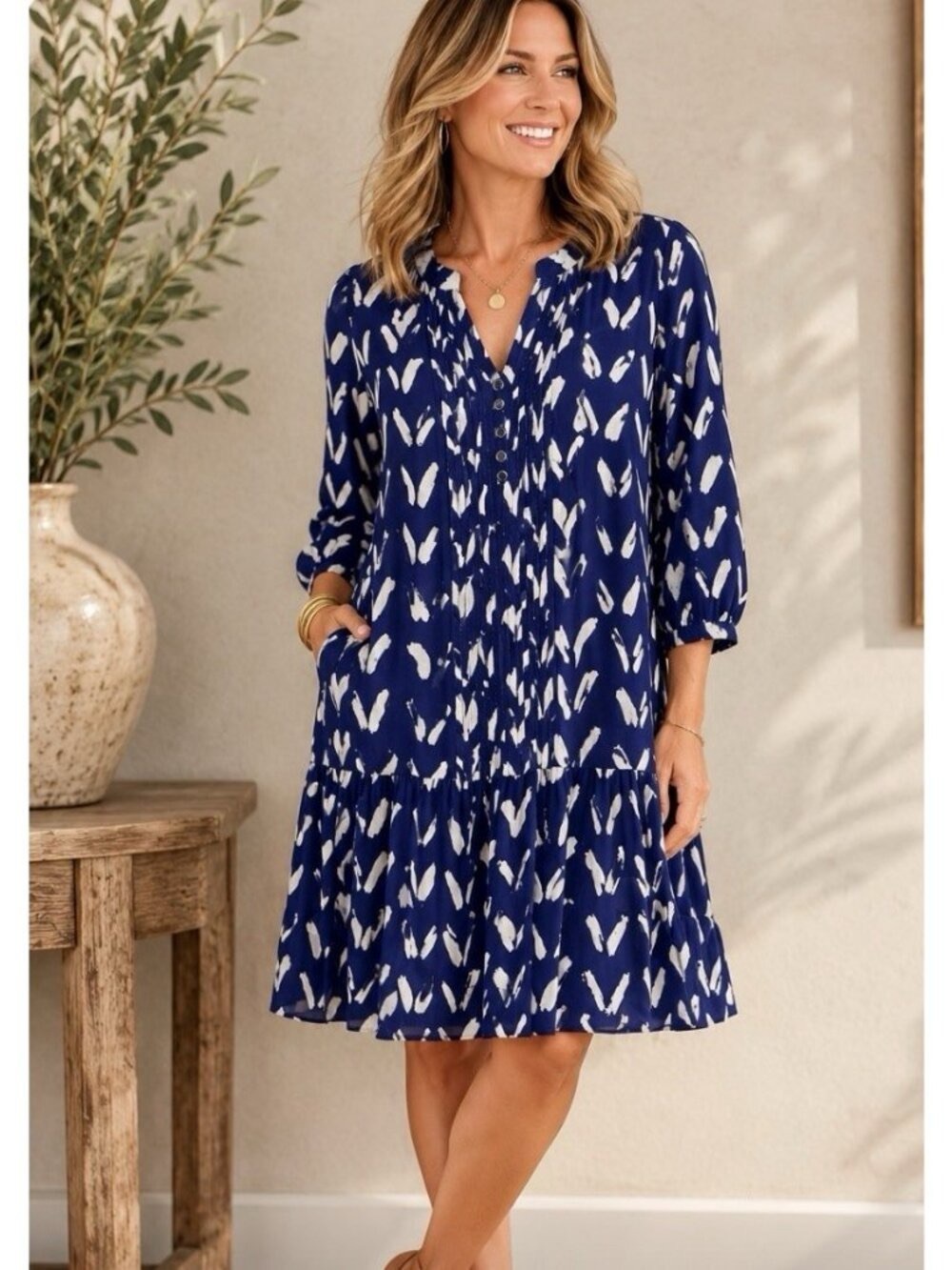 Anthropologie. Maeve Long Sleeve Drop waist Tunic Boho Dress. Blue/White. Small